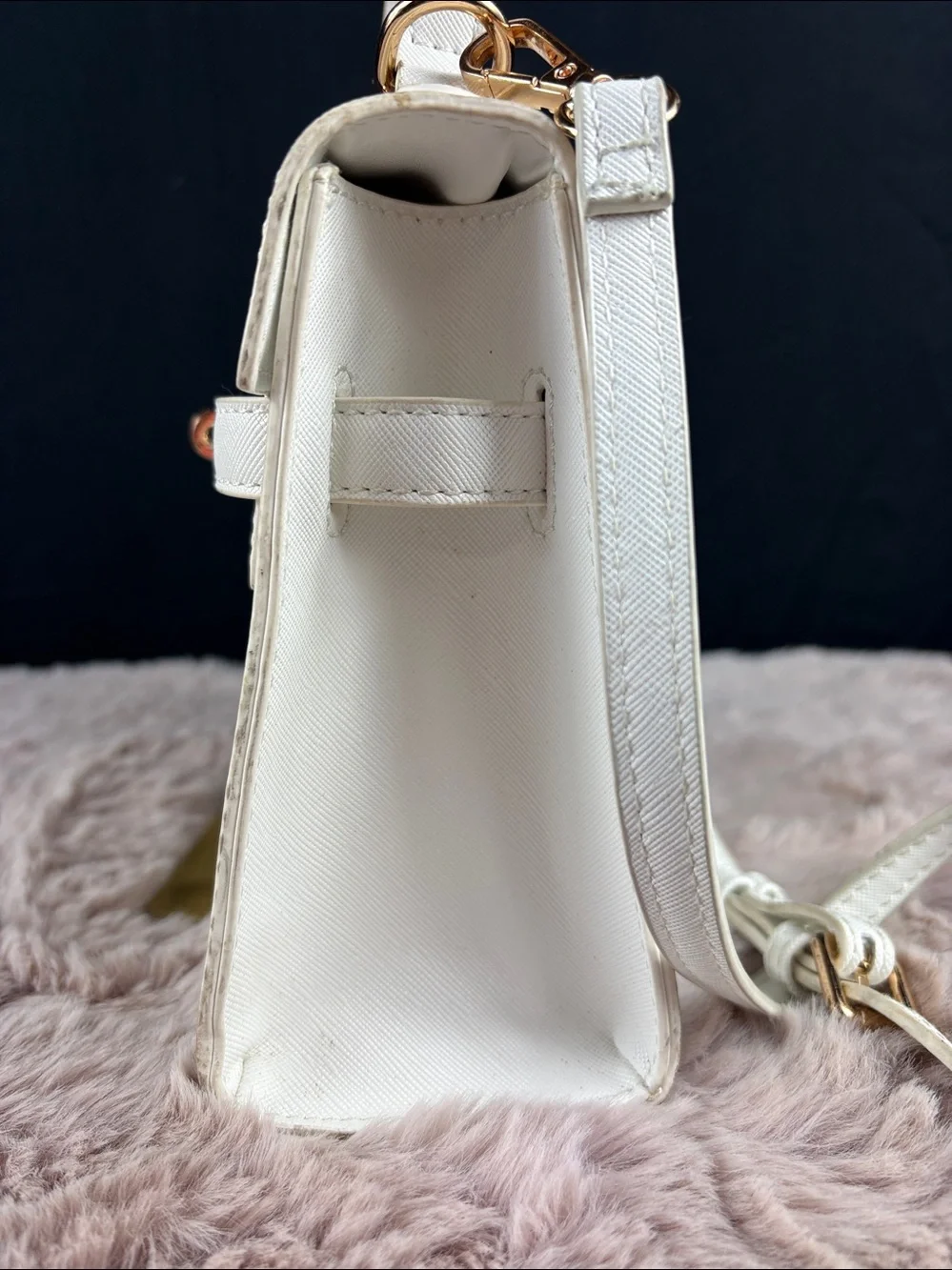Kelly Style Mini White Saffiano Faux Leather Structured Crossbody Satchel